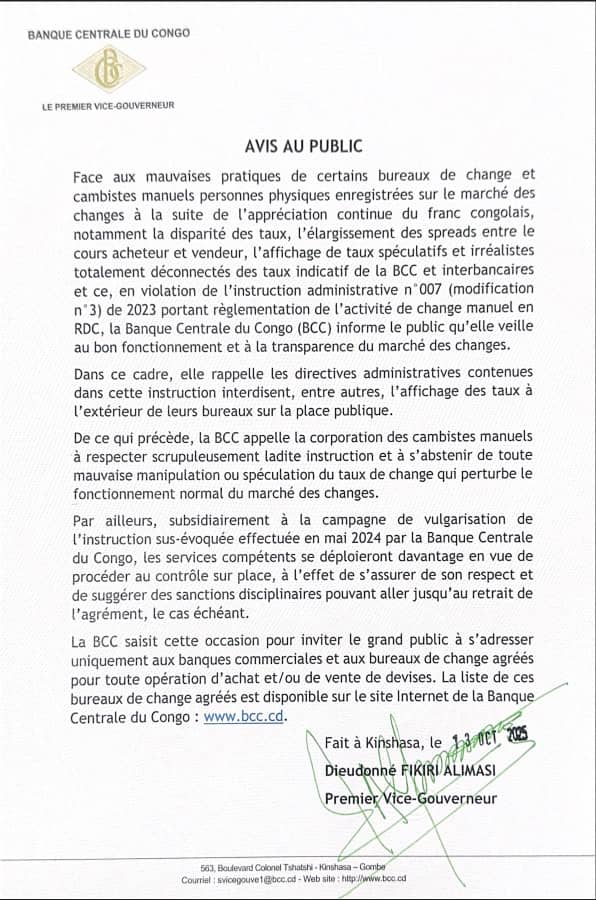 RDC : La Banque Centrale met en garde les bureaux de change et cambistes manuels